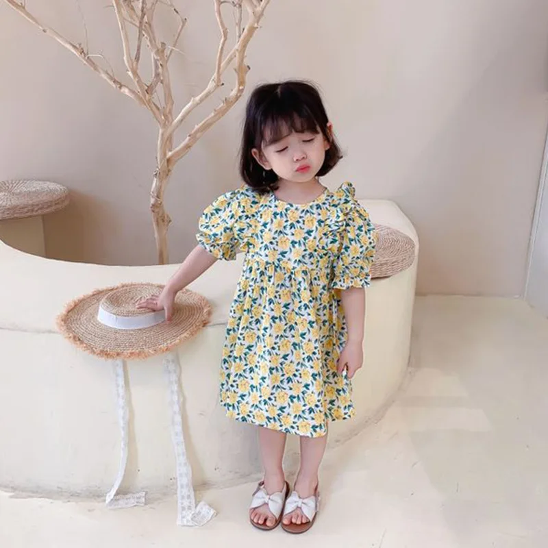 

2021 Girls Summer Lapel Floral Casual Dress Children Clothes