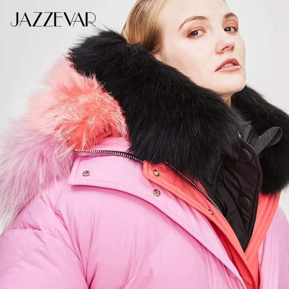 JAZZEVAR Зимняя кутка новая модная уличная дизайнерская брендовая женская короткая куртка на утином пуху милая розовая верхняя одежда из натурального меха z18004