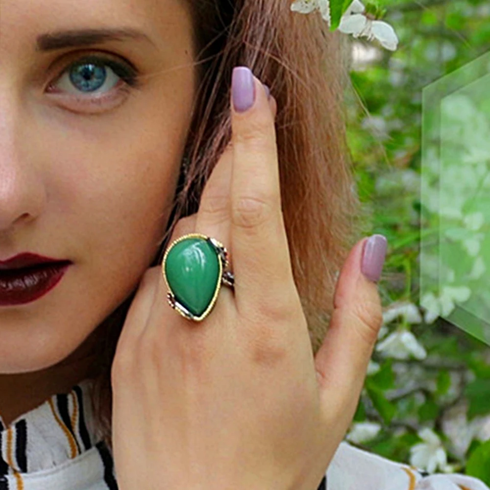 2021 Винтажное кольцо с крупными Зелеными камнями в форме капли воды роскошные
