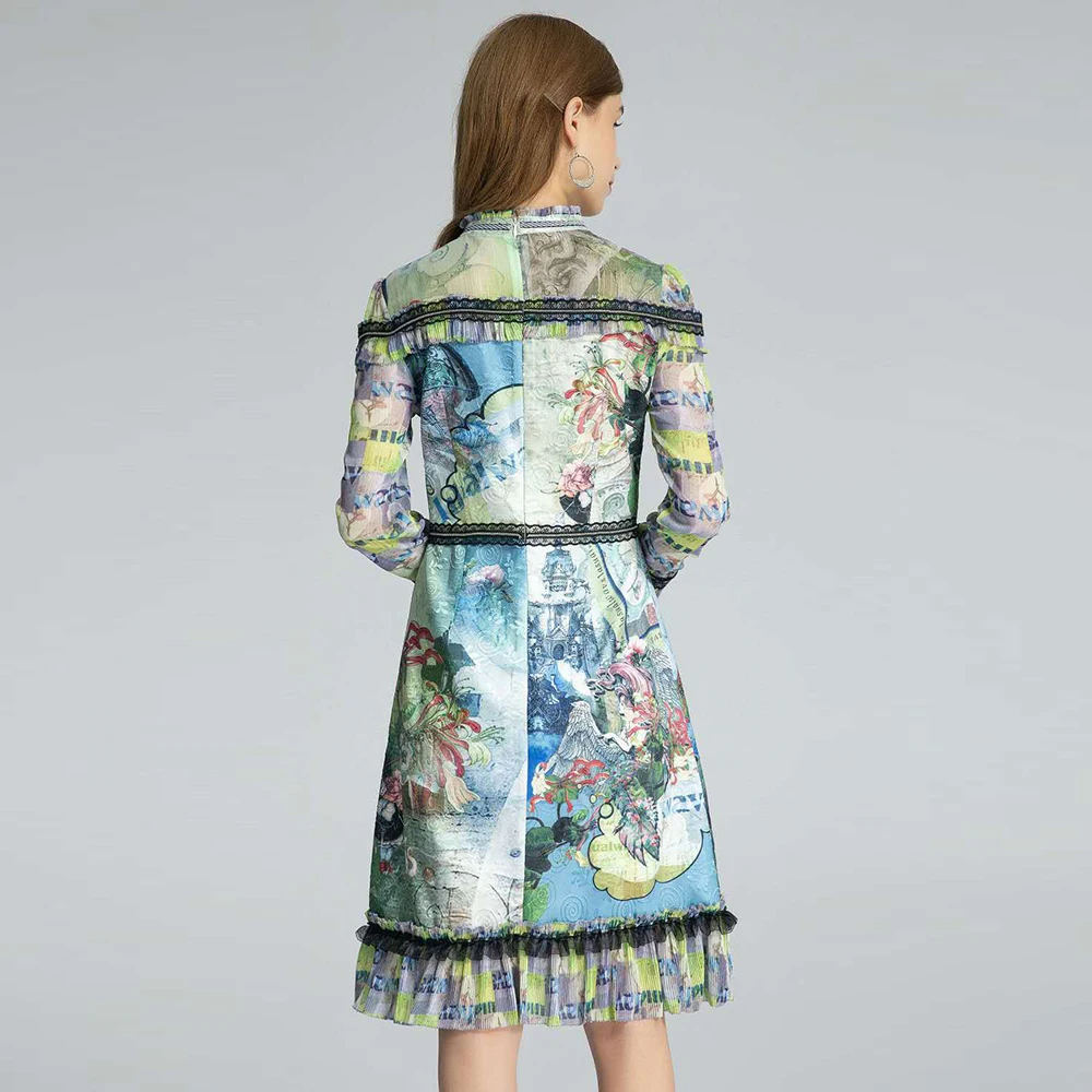 

VERDEJULIAY Runway Fashion Women Dress Ruffled Lace Patchwork Flower Cartoon Print Trumpet Midi Party Holiday Elegant Dress