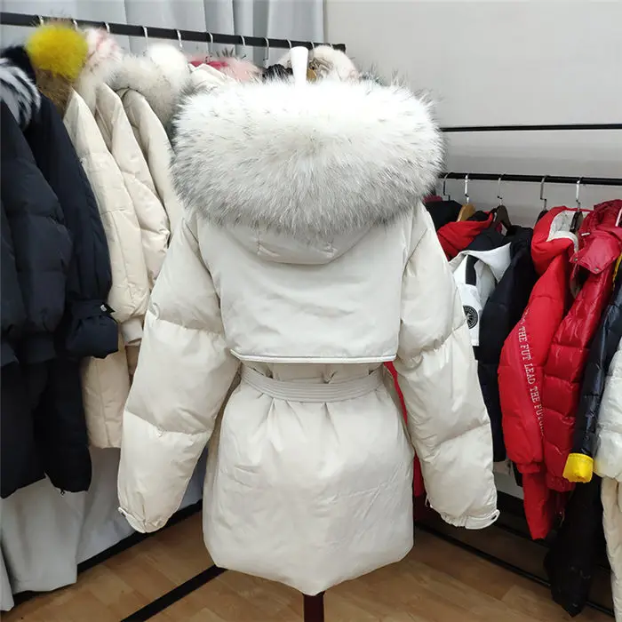 White Down Coat Winter Woman Fashion New Hooded Fur Collar Warm Thicken Cotton Clothing Casual Parkas Belt Overcoat f1401