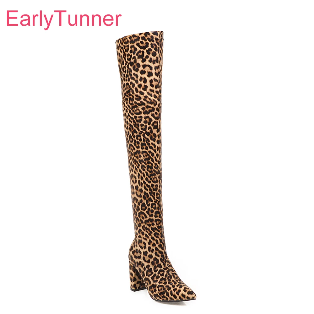 Зимние новые Гламурные леопардовые Фиолетовые женские сапоги до бедра на