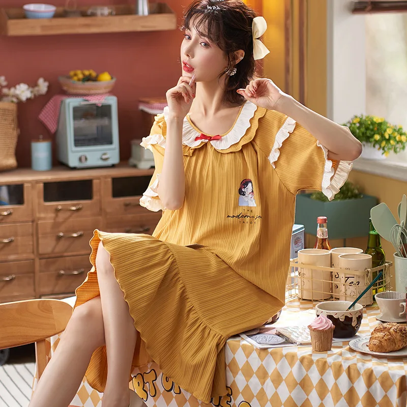 

Cute Cartoon Women Nightgowns 100% Cotton Nightdress Homewear New Summer Night Dress Causal Sleepwear Short Sleeve Pyjamas M-4XL