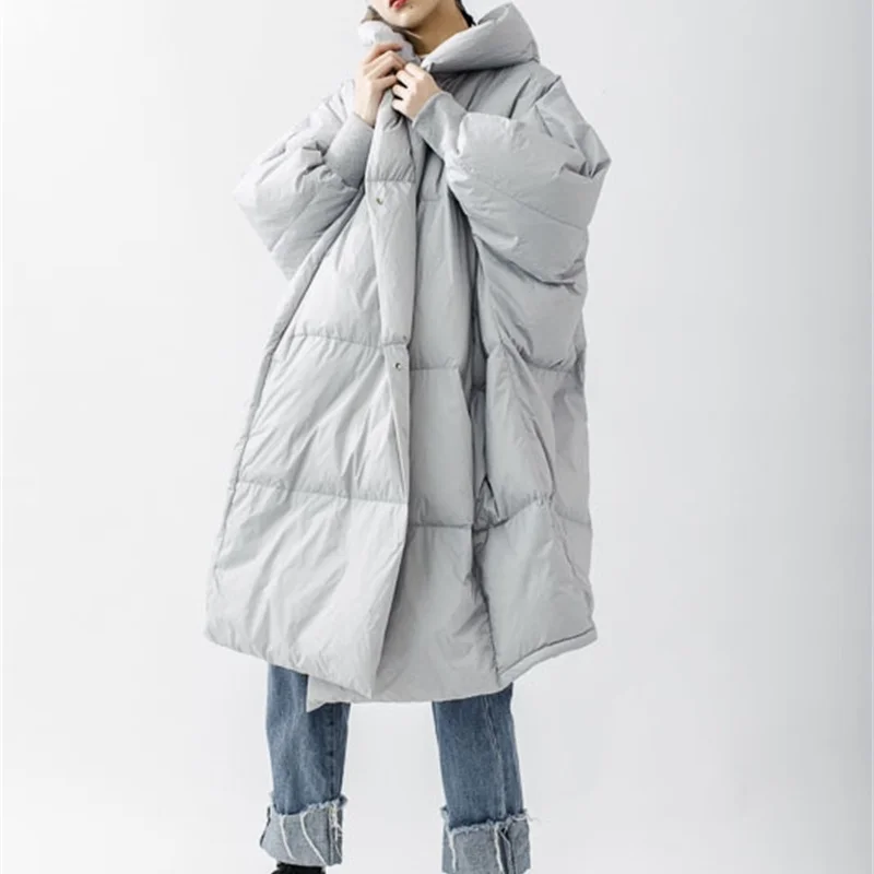 

Huatian medium length down jacket autumn winter 2020 new loose style hooded drawstring large profile button coat