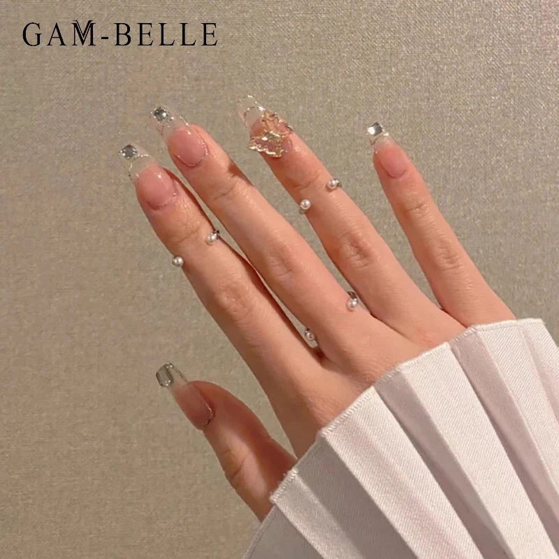 

GAM-BELLE French Luxury Artificial False Nail Tips Clear Gold Foil with 3D Butterfly Designs Long Ballerina Full Press On Nails