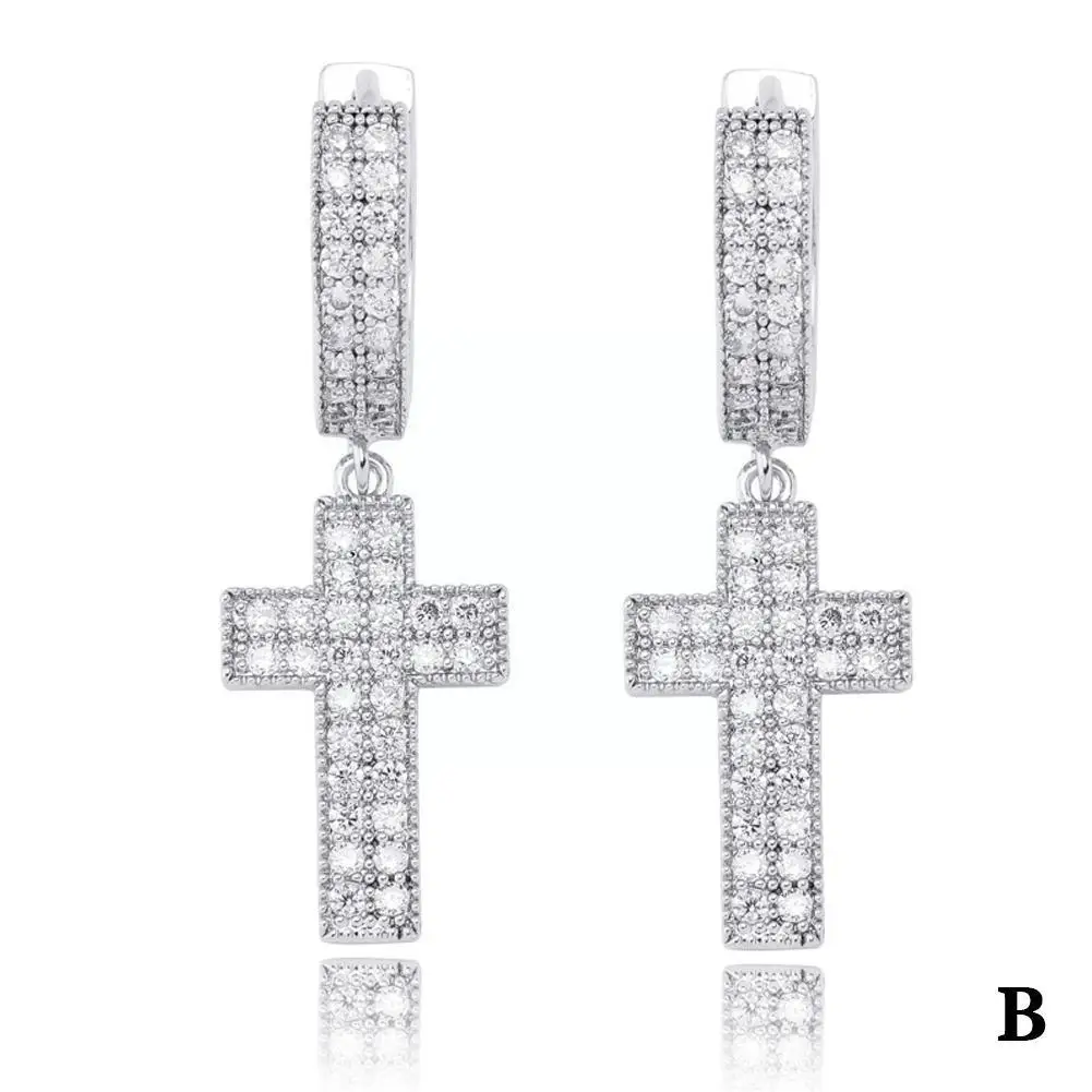 

Crystal Zirconia Drop Earrings For Women/Men Dazzling Hoop Punk Female/Male Party Fashion Earrings Cross-shape Hiphop X0I5