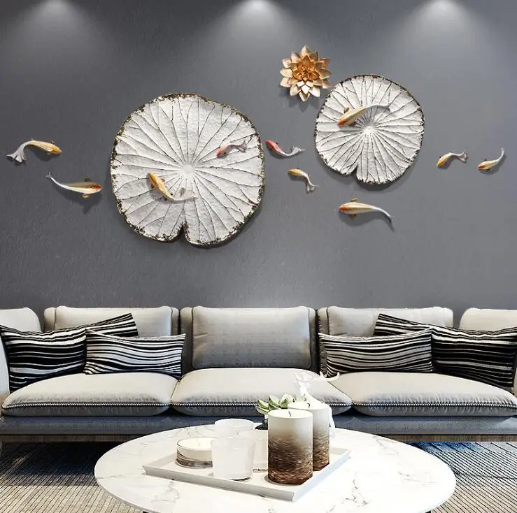

Chinese Resin Fish Lotus Leaf Wall Hanging Flowers Home Livingroom Sofa Back 3D Wall Sticker Crafts Hotel Wall Mural Decoration