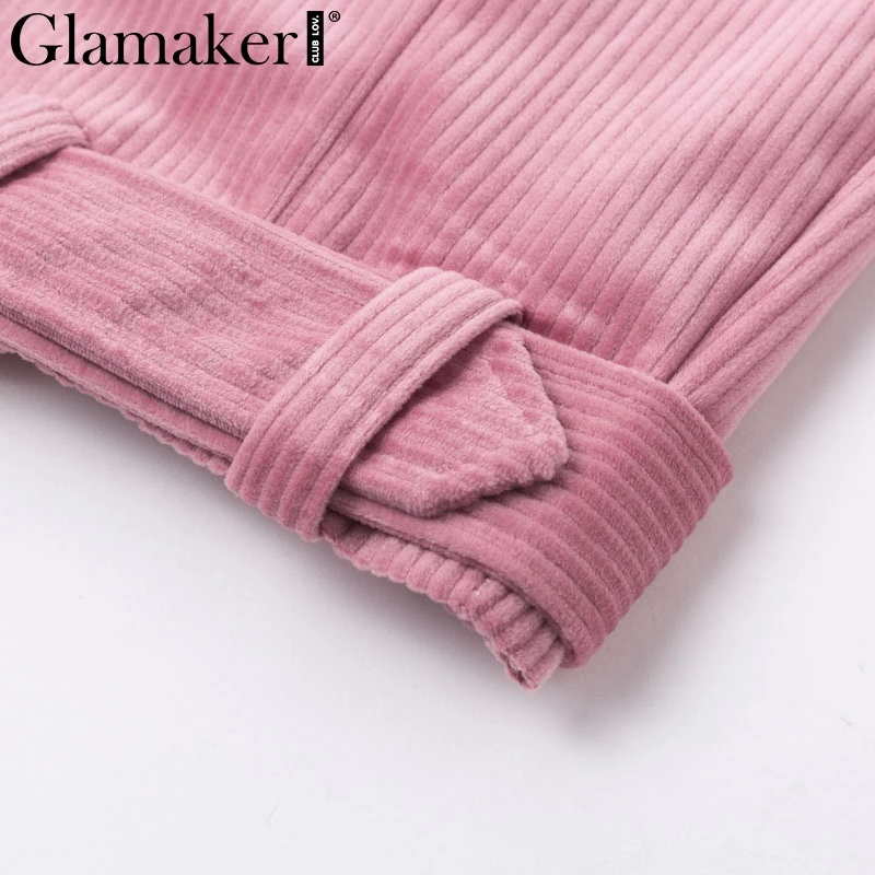 Glamaker вельветовое розовое повседневное пальто для женщин зима осень пояс Женская Базовая короткая куртка Дамская мода уличная куртка