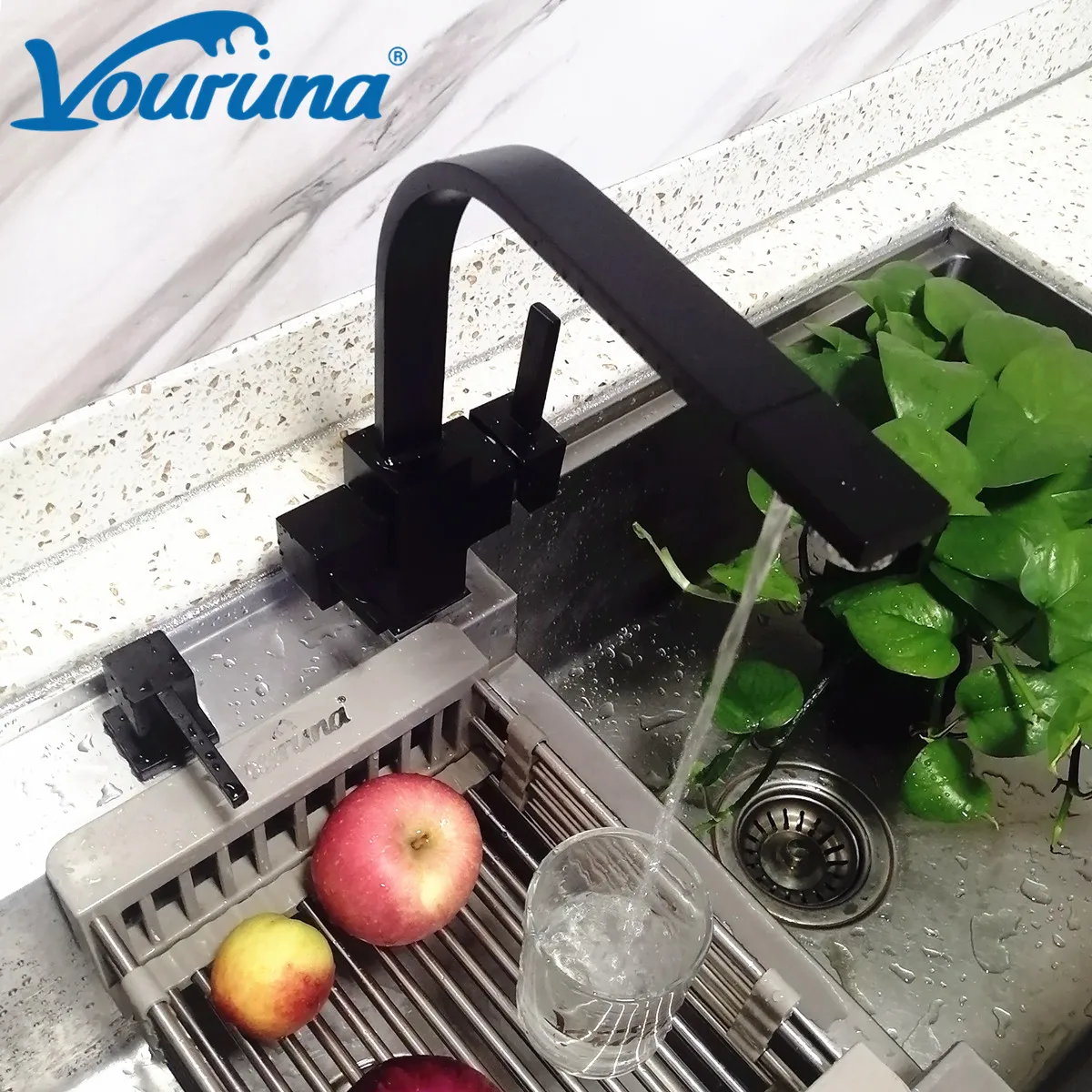 VOURUNA смеситель для кухни матовый черный квадратный стиль хром 3-полосный фильтр