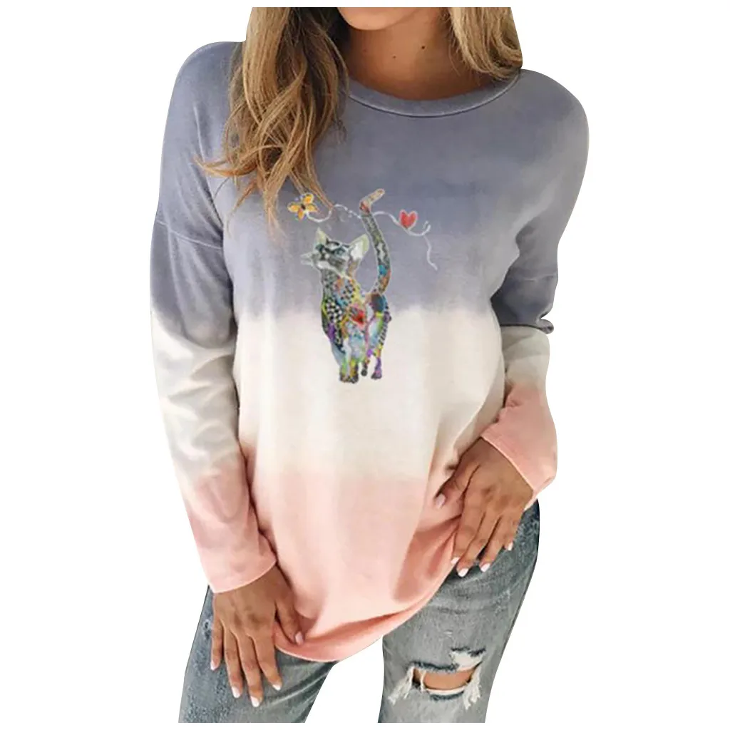 

Blouse Women Fashion O-neck Cat Loose Long Sleeves Tops Blouse Gradient Sweatshirt Blusas Mujer De Moda 2020