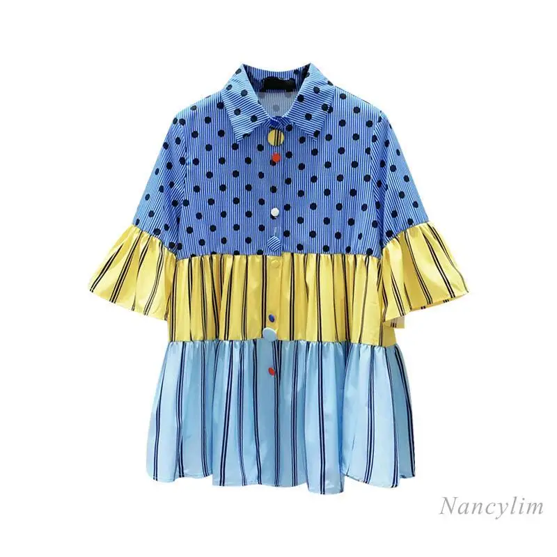 2021 Summer New Half Sleeve Shirt Women's Polka Dot Stitching Striped Loose Blouse Lapel Top Female Lady Blusas Nancylim
