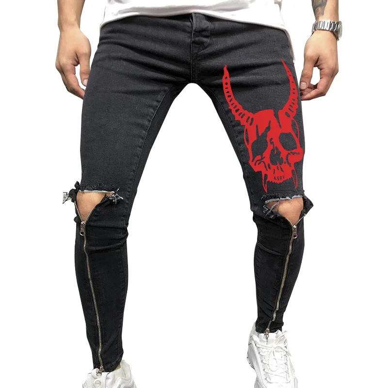 

Men casual jeans fashion washed distressed holes Slim-fit skull print jeans zipper decoration men pencil pants denim pants
