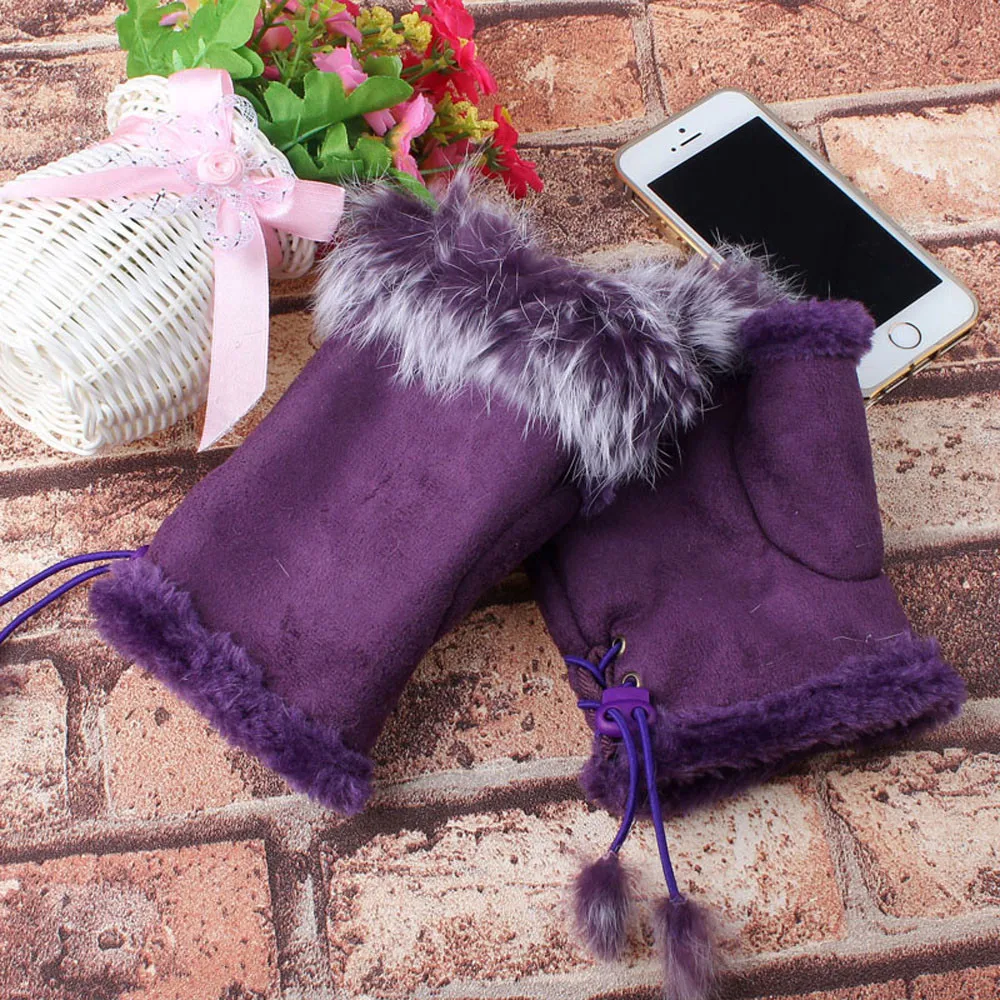 Женские теплые зимние перчатки с искусственным кроличьим мехом без пальцев