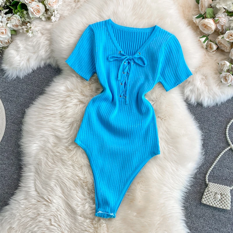 

Amolapha Women Soild Color Bandage V Neck Short Sleeve Bodysuits Swim Beach Holiday Playsuits Rompers Outfit