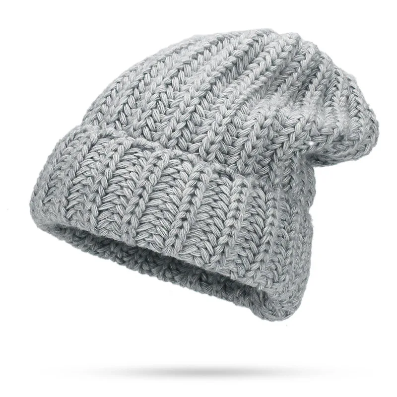 Leisure Fashion The New Hat For Women's Autumn Winter Hats Increase Big Beanie Knit Wool Set Head Hat Acrylic Thick Line Caps - Цвет: Светло-серый