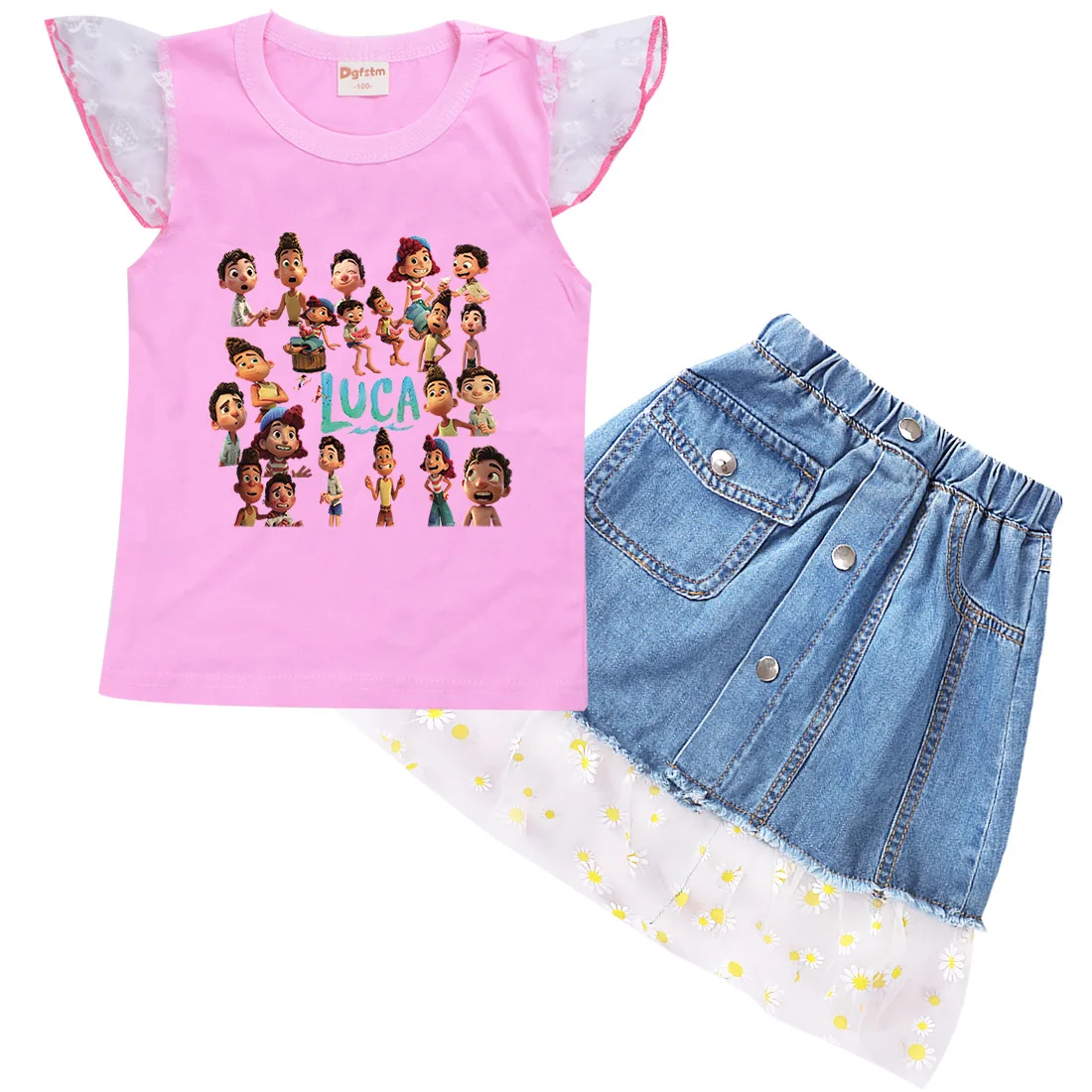 

Kids Luca Print Lace Flying Sleeve T Shirt+Net Yarn Denim A -line Skirts 2pcs Set Children Girl Clothes Toddler Boutique Outfits