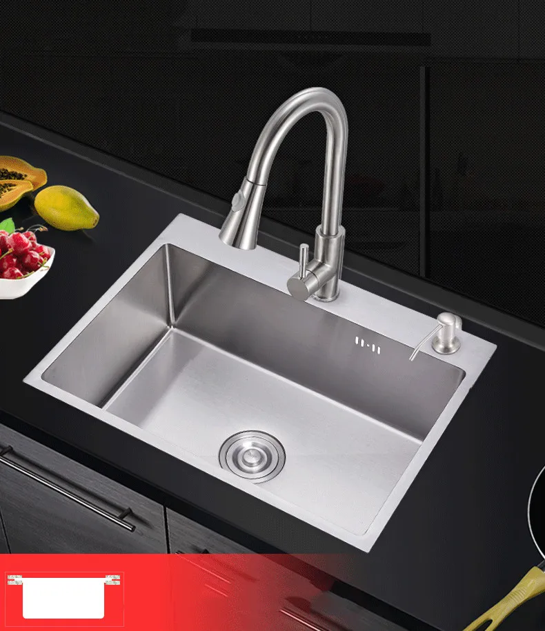 

Stainless Steel Stain Brushed Kitchen Sinks Upmount 1.3mm Thickness With Basket And Drain Handmade Single Bowel Kitchen Sinks