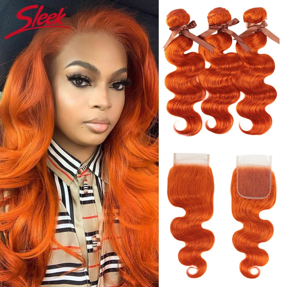 

Sleek Orange Body Wave Bundles With Closure Brazilian Hair Bundles With Closure 8-28 Remy Human Hair 3/4 Bundles With Closure