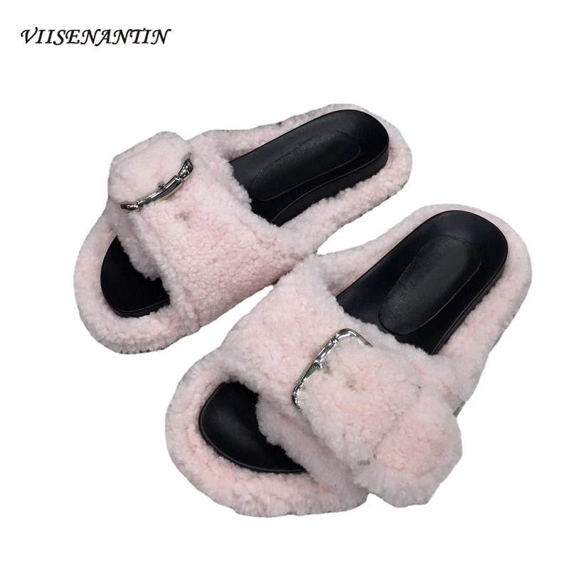 

Flat Furry Slippers 2021 New Autumn Winter Trend Lamb Wool Fashion Metal Buckle Comfortable Casual Pink Sweet Lazy Slippers