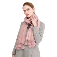 fashion solid cashmere woman winter scarf real fur pompoms autumn winter shawl female winter scarve pompom