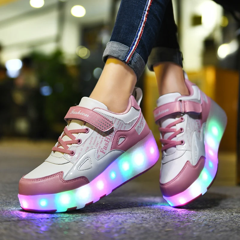 

2020 Kids LED usb roller shoes for boy girl glowing light up luminous sneakers with on wheels kids girls rollers skate shoes