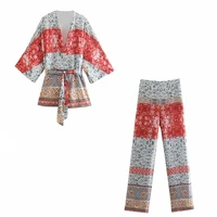 2021 harajuku kimono sets vocation style with belt fashion print long sleeve top female vintage chic kimono jacket