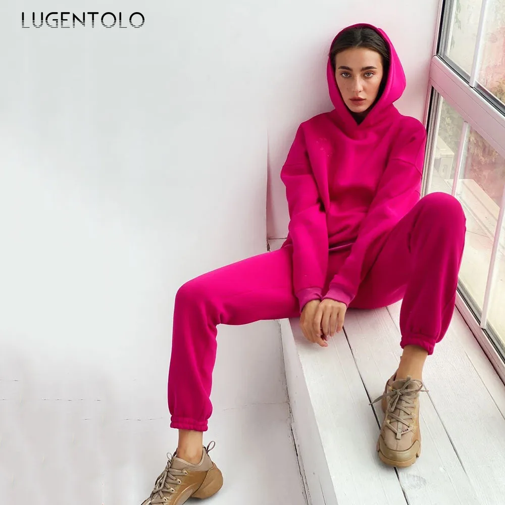 

Women Two Piece Set Hooded Autumn Thin Sports Casual Solid Color Tops Fashion Pocket Long Pants Female Simple Sets Lugentolo