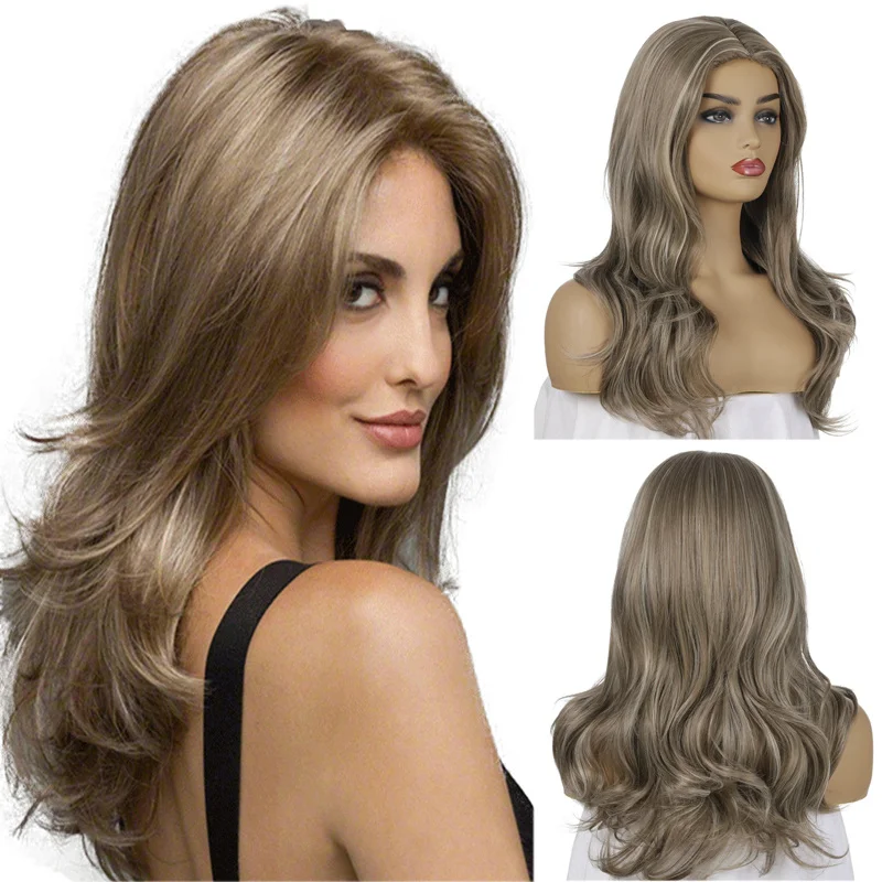 

Long Wavy Synthetic Hair Wig Natural Hair High Temperature Fiber Middle Parted Highlighted Wigs Women Peruca Cosplay Mixed Color