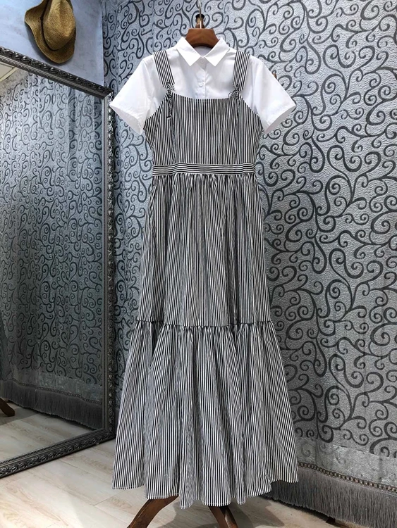 

2021 new women fashion lapel short sleeve shirt shirt + strapless striped suspender skirt dress 501