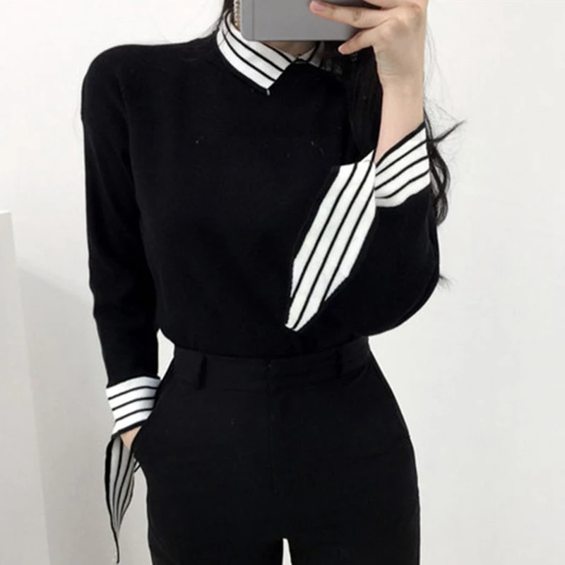 RealShe лоскутный свитер женский с отложным воротником бантом Женский пуловер 2020