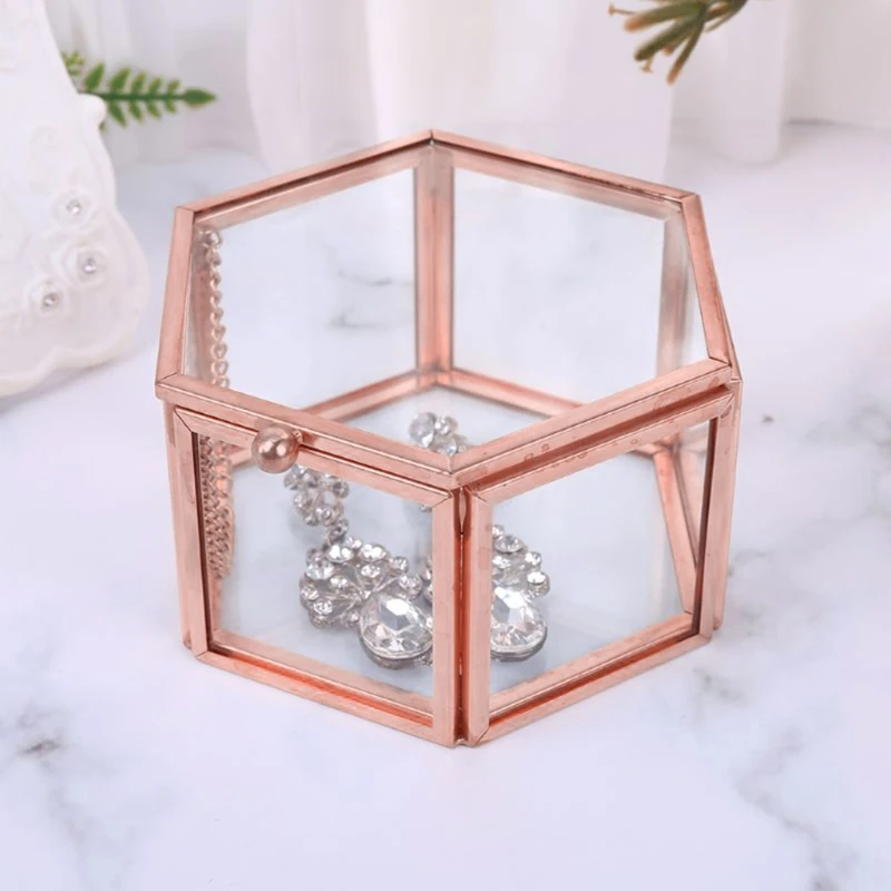 Hexagon Transparent Rose Gold Glass Ring Box Wedding Geometric Clear Jewelry Organizer TabletopHolder | Украшения и аксессуары