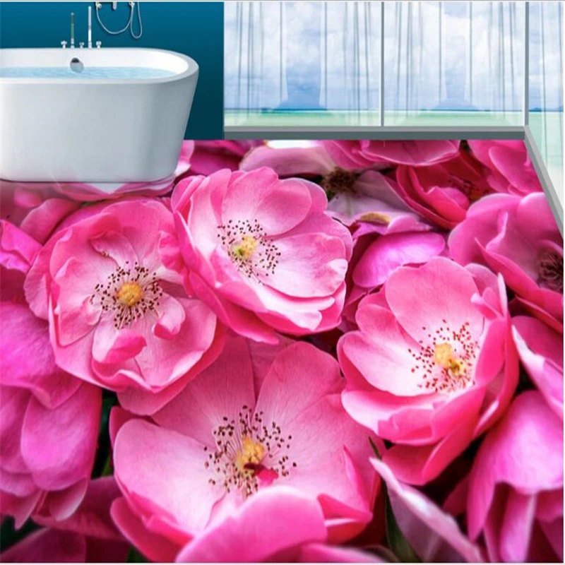 

Custom flooring 3d mural waterproof wallpaper beautiful romantic pink roses bathroom Living room 3D floor tiles Papel de parede