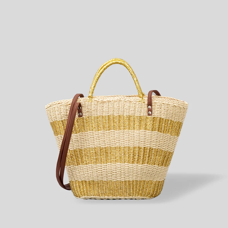 

Luxury Fashion Gold Silver Striped Large Straw Basket Bag Rope Wove Women Handbags Rattan Summer Beach Shoulder Bags Big Tote