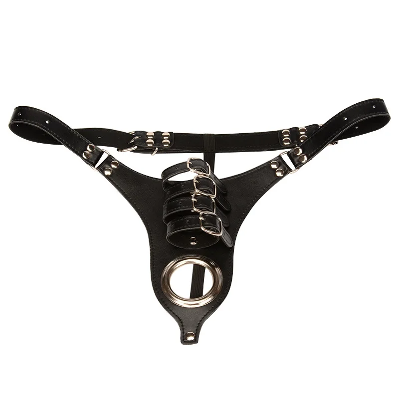 

PU Leather C-String Thong with Adjustable Penis Rings Male Fetish Wear Chastity Belt Panties Underwear Sexy Lingerie for Men Sex