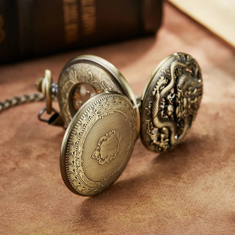 Roman Numeral Antique Mechanical Pocket Watch Old Dragon Steampunk Dual Open Skeleton Dial Fob Chain Clock for Men Dropshipping