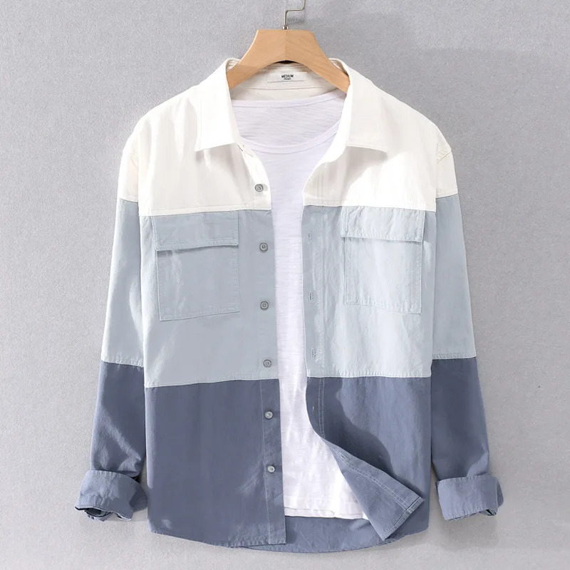 

Men Spring Fashion Korea Japan Style Simple Long Sleeve Patchwork Shirt Male Business Casual Vintage Blouse Harajuku Tops