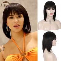 beauart 100 human hair full wigs for women 12 shoulder length short black straight wig with bangs none lace front bob cut wig