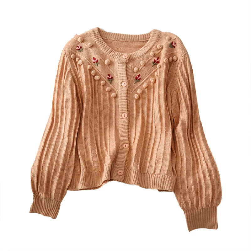 Ghost Horse Series Girl Stereo Embroidery Flower Soft Glutinous Stereo Ball Loose Lantern Sleeve Knitted Sweater Woman