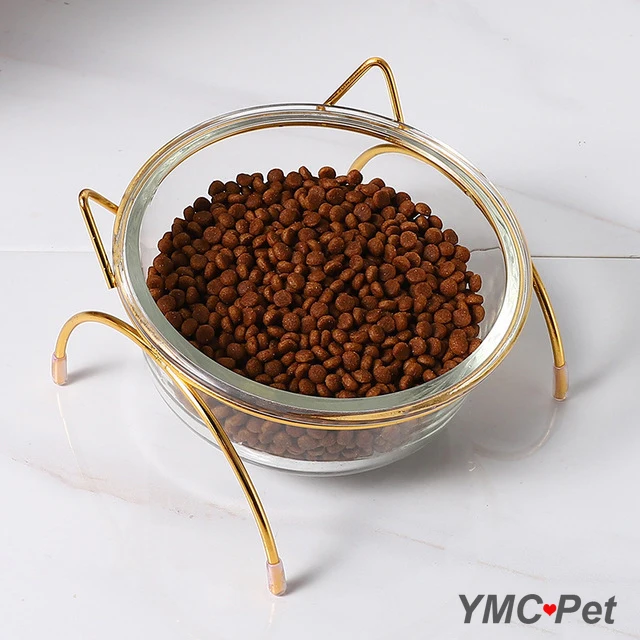 

Cute Cat Food Bowl with Golden Stand Glass Dog Double Bowls Raised Cat Food and Water Feeder Cat Accessories Pet