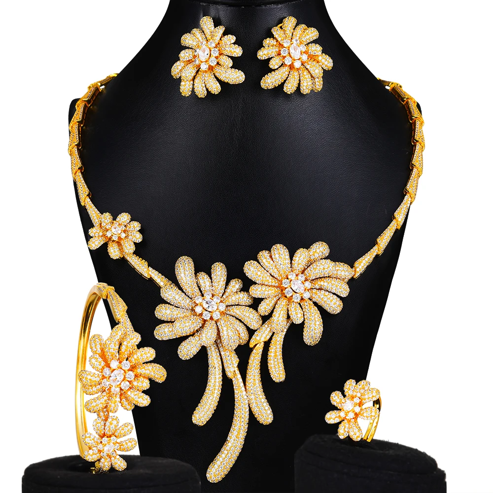 

Модные бриллиантовые цветы GODKI, 4 шт., Африканское ожерелье, циркониевые Ювелирные наборы для женщин, Свадебный индийский нигерийский набор ...