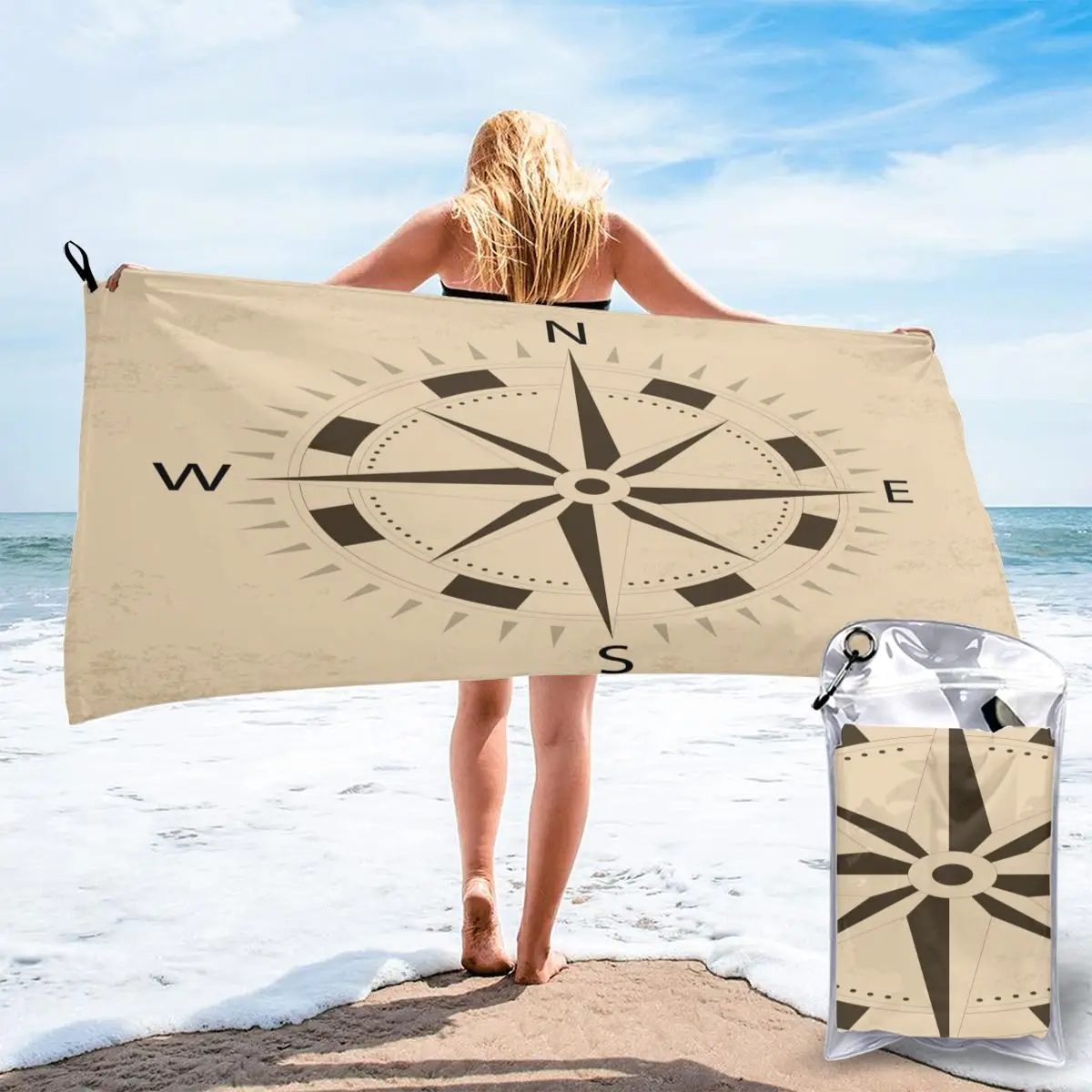 Банное полотенце с компасом и коричневым быстросохнущим большим полотенцем