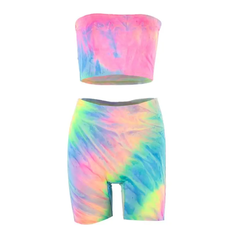 

Women Rainbow Tie-Dye Print 2 Piece Outfits Strapless Tube Top High Waist Biker Shorts Capris Workout Sport Slim Tracksuit