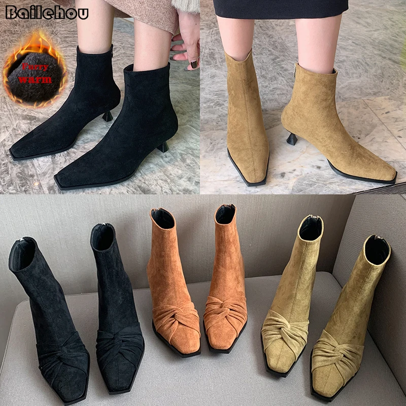 

Женские короткие ботильоны, современные ботинки на квадратном каблуке 5 см, женская обувь на меху, женские резиновые сапоги в западном стиле...