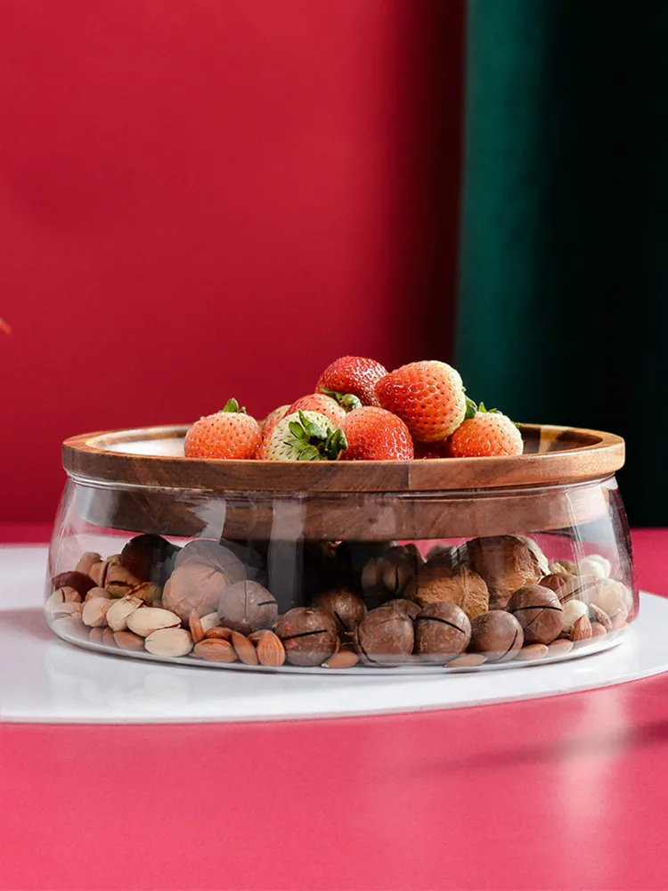 

Japan Style Acacia Wood Nuts/Fruits Plate Household Double Layer Candies Glass Storage Box Creative Storage Tray