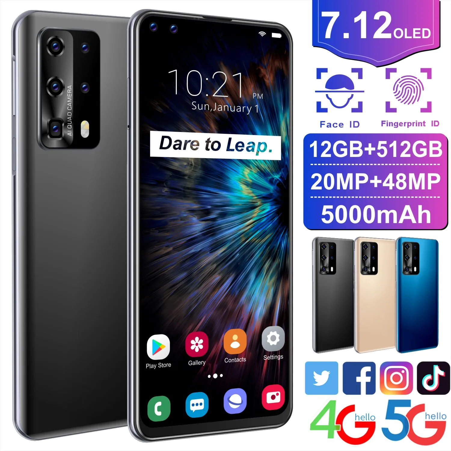

P40 Pro+ 7.12 Inch 16GB RAM 512GB ROM Deca Core MTK6889 Mobile Phones 20+48MP 5000mAh Face Fingerprint ID 5G Smartphone Celular