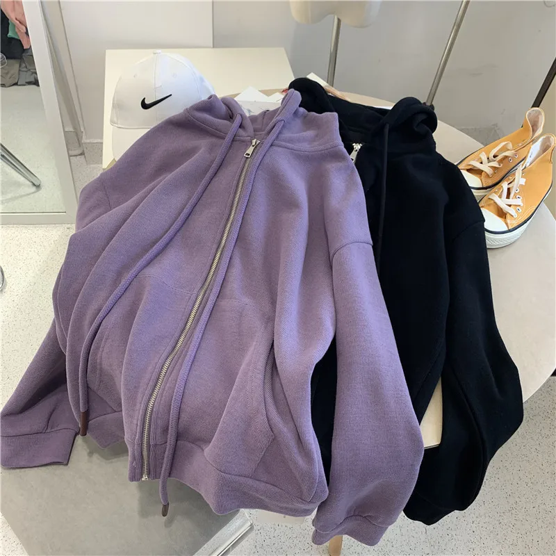 

Women Hoodies 2021 Harajuku Cardigan Sweatshirt Loose Oversized Zipper Up Sweatshirts Solid Color Long-sleeved Hooded Jacket