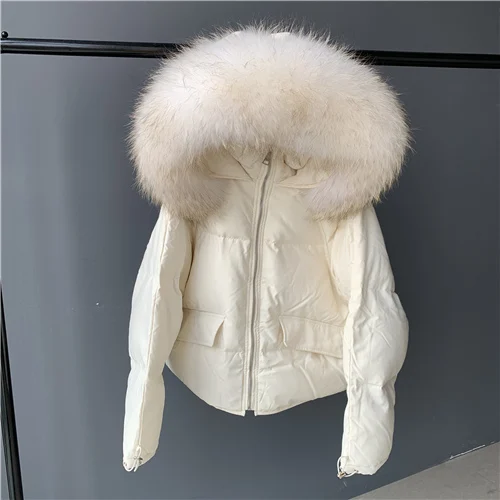 Cream raccoon fur 2 MAOMAOFUR женский пуховик на утином пуху, зима, Модная стильная Толстая парка с воротником из натурального меха, теплая верхняя одежда на белом утином пуху - Цвет: Cream raccoon fur 2