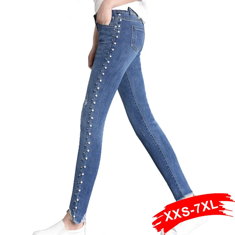 Летний светильник размера плюс с бусинами синие капри Джинсы 4Xl 5Xl Стрейчевые