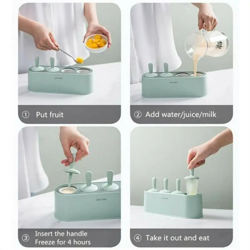 

new listing 4 Hole Ice Cream DIY Ice Cube Tray Reusable Popsicle Maker Silicone Mould Popsicle Mold Ice Pop Maker