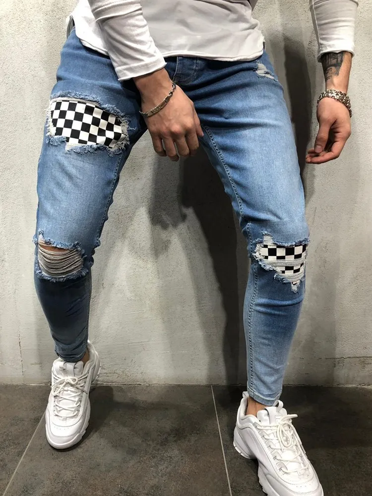 New Fashion Men's Jeans Spliced Ripped Denim Pants Pencil Jeans Slim Patch Biker Jeans Plaid Paster Jogging Movement Pants